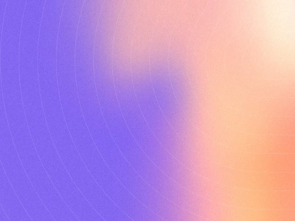 A dark glass slide with three revenue figures on a violet and peach gradient with concentric triangle rings