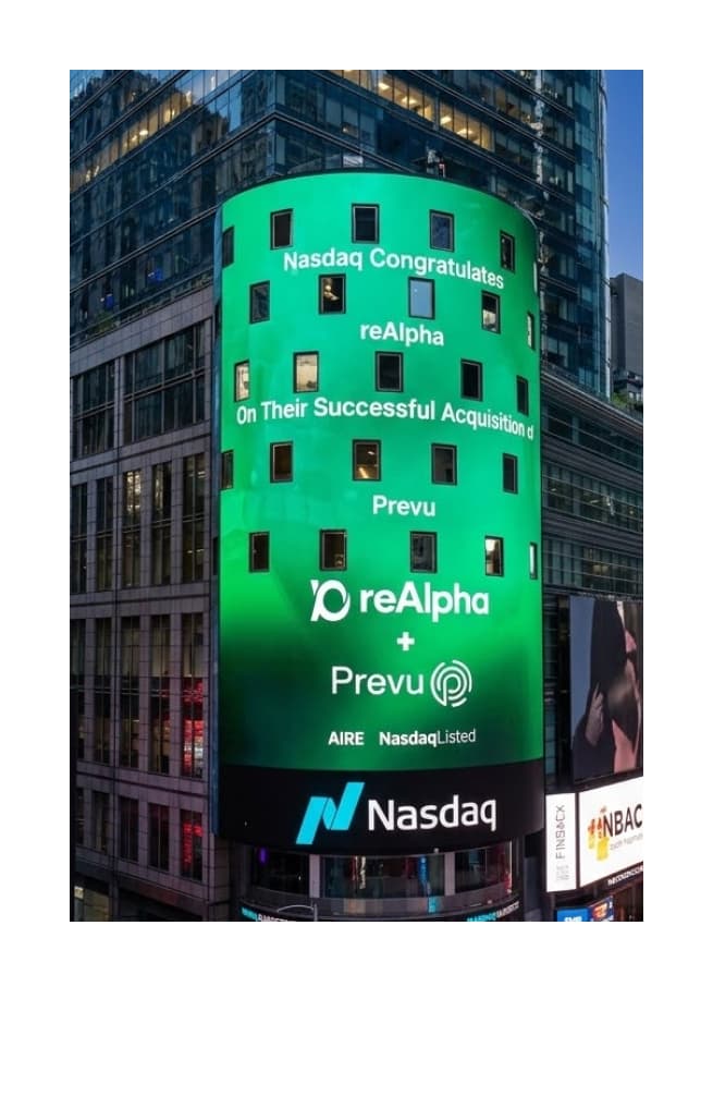 A polaroid of the Nasdaq tower in Times Square showing a green gradient with the text: Nasdaq congratulates reAlpha on their successful acquisition of Prevu