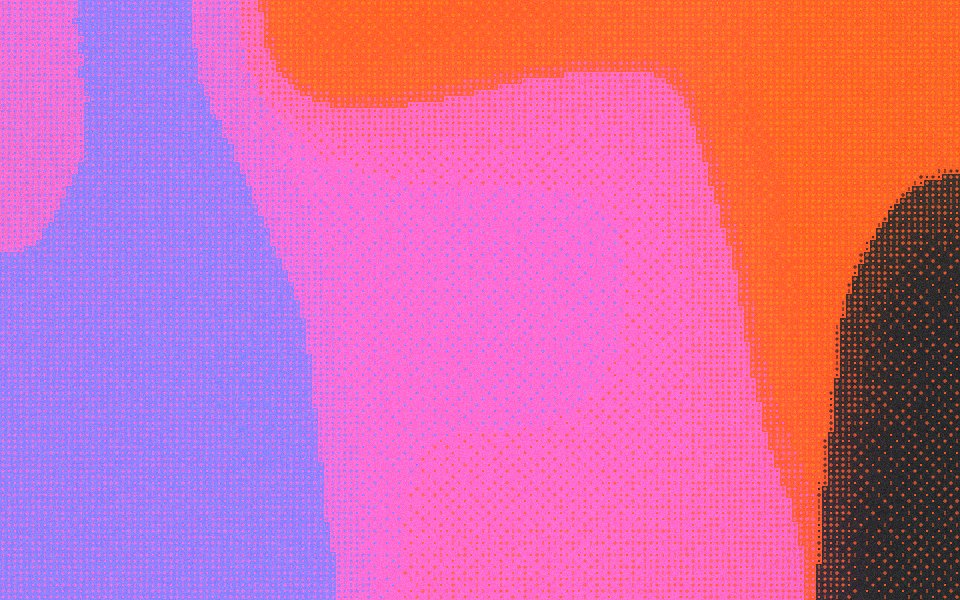 Ember dithered background: orange, pink and violet glowing on near-black
