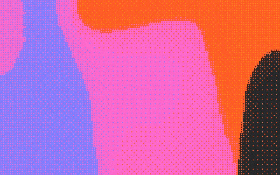Ember bayer dither: orange, pink and violet glowing on near-black