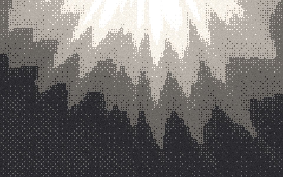 Spotlight bayer dither: a white studio light through haze over charcoal