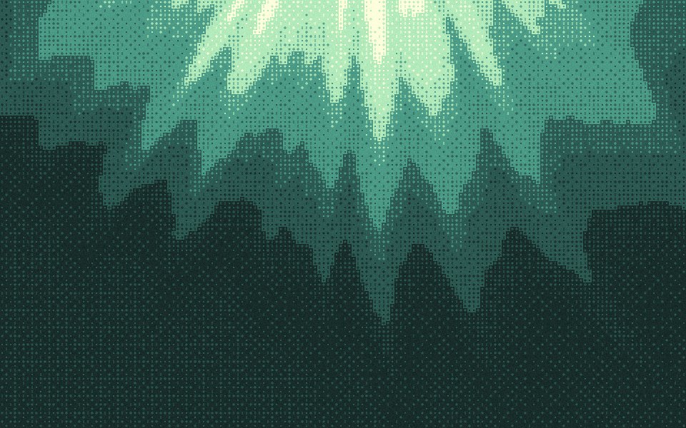 Canopy dither wallpaper: pale sun through a green forest canopy