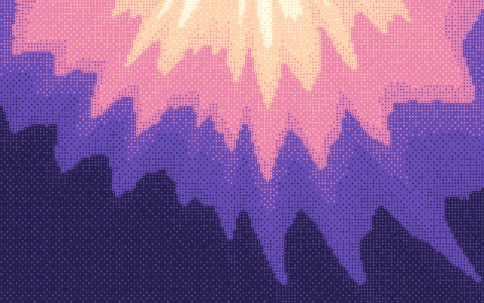 Daybreak dither wallpaper: cream and peach light falling through rose into violet