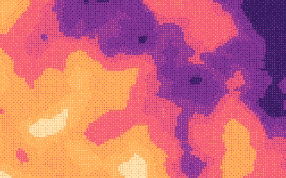 Sunset dither wallpaper: violet dusk into coral and gold