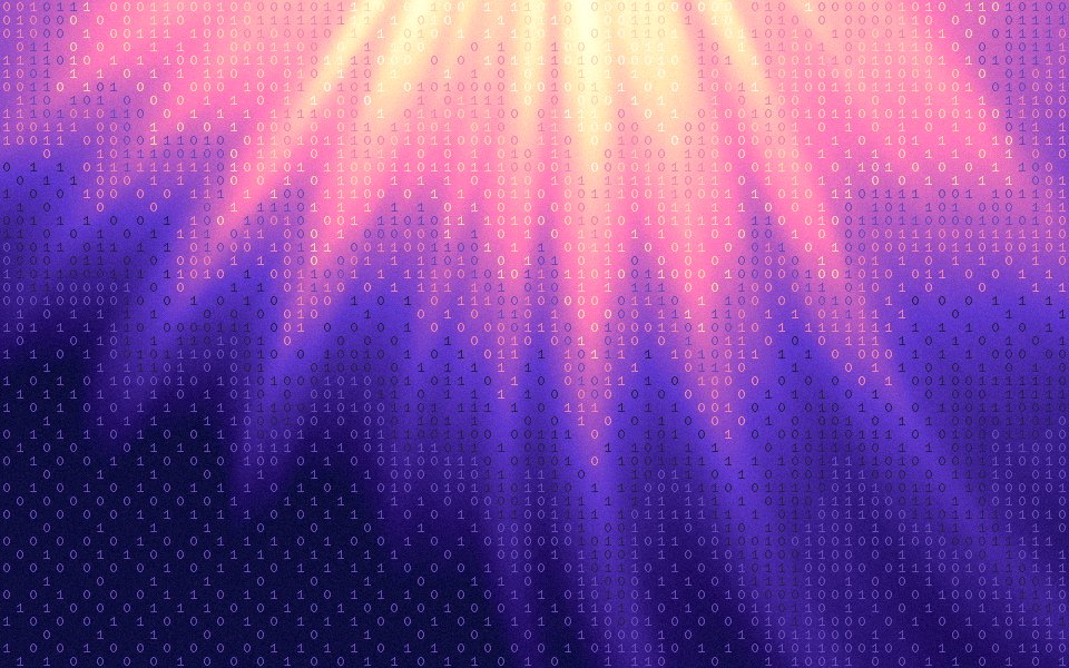 Daybreak glyph dither: cream and peach light falling through rose into violet
