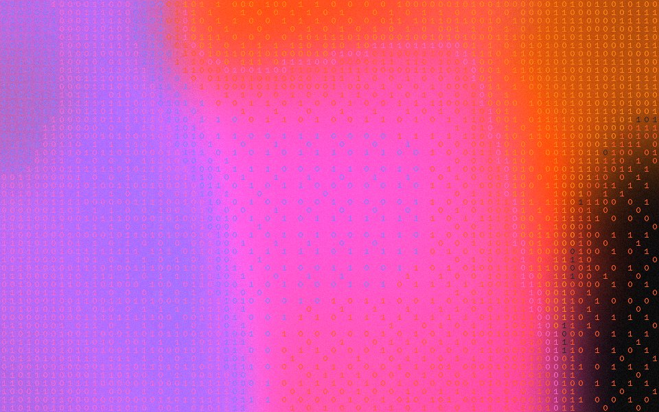 Ember glyph dither: orange, pink and violet glowing on near-black