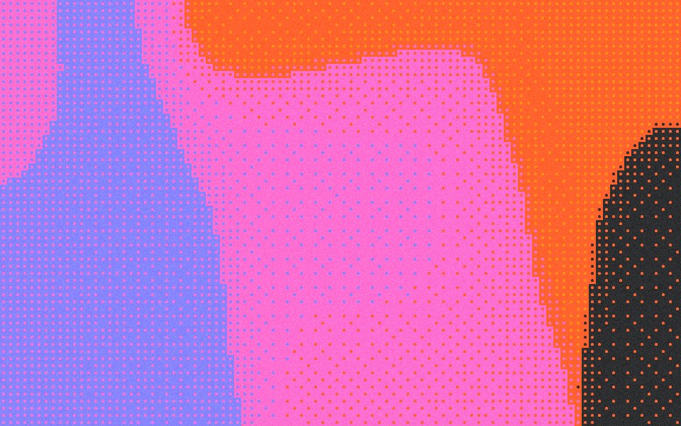 Ember halftone gradient: orange, pink and violet glowing on near-black