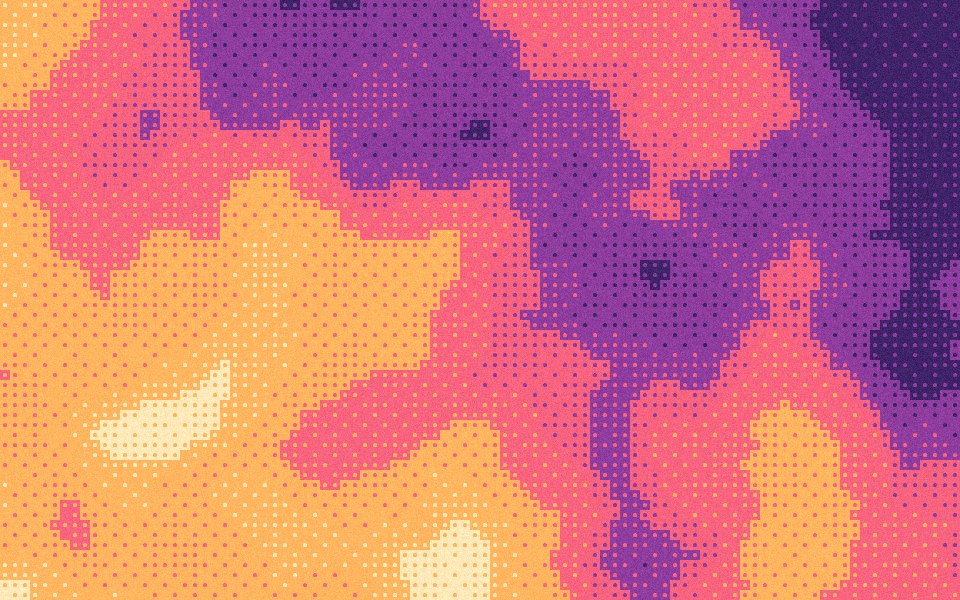 Sunset halftone gradient: violet dusk into coral and gold