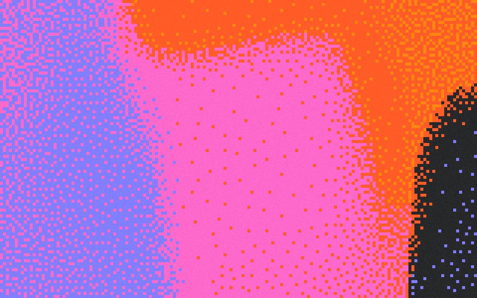 Ember pixel art gradient: orange, pink and violet glowing on near-black