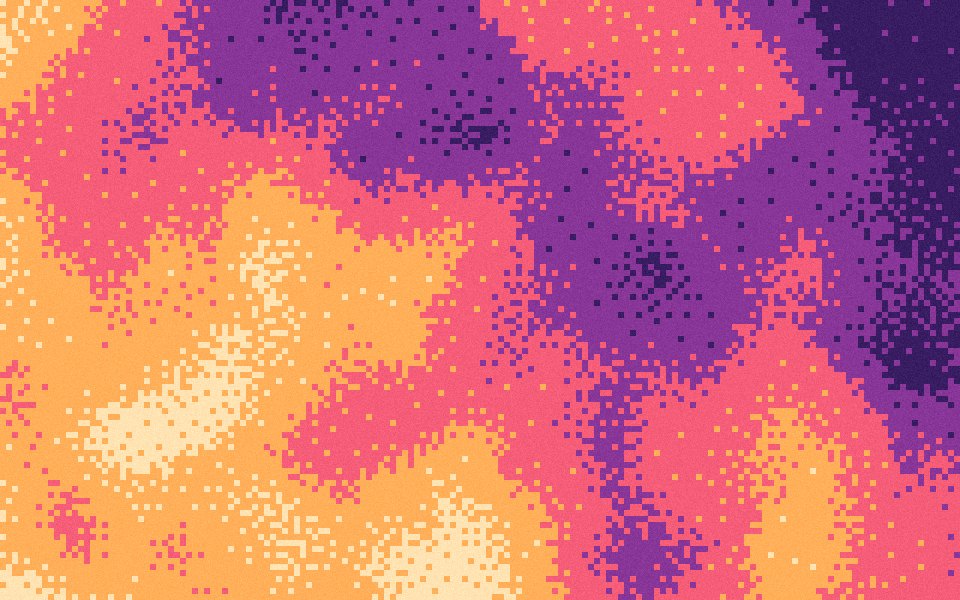 Sunset pixel art gradient: violet dusk into coral and gold